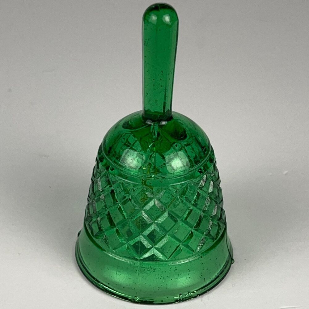 Fenton Green Glass Bell Vintage Diamond Optic Pattern Decorative Collectible MCM